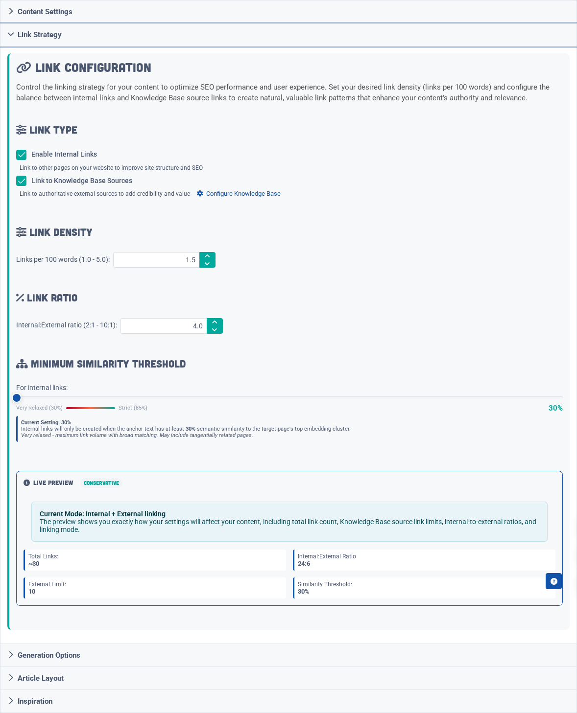 Advanced settings control article type, linking strategy, generation options, layout, inspiration, and source handling.