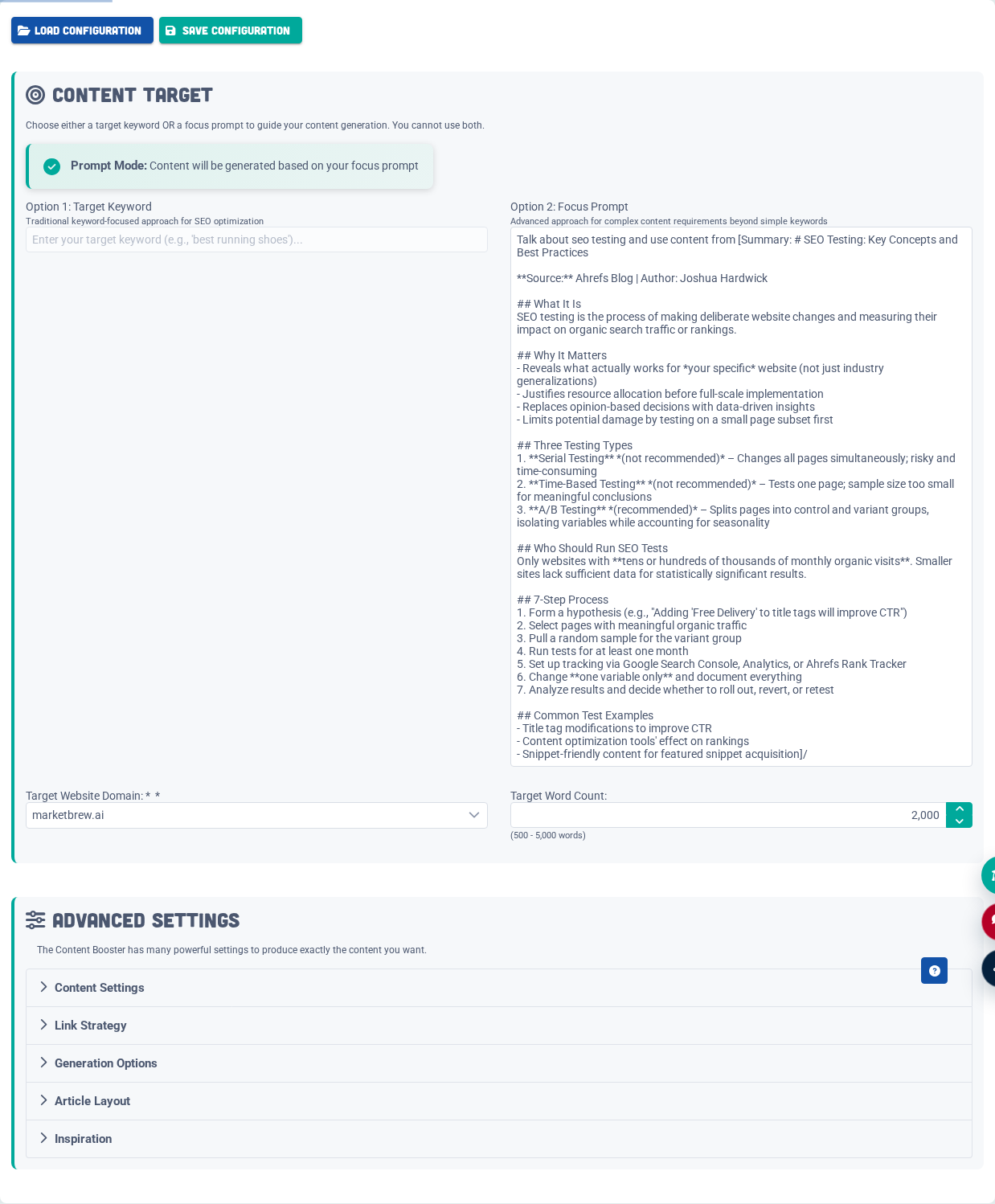The Content Strategy tab sets the target website, keyword or prompt, and page objective.