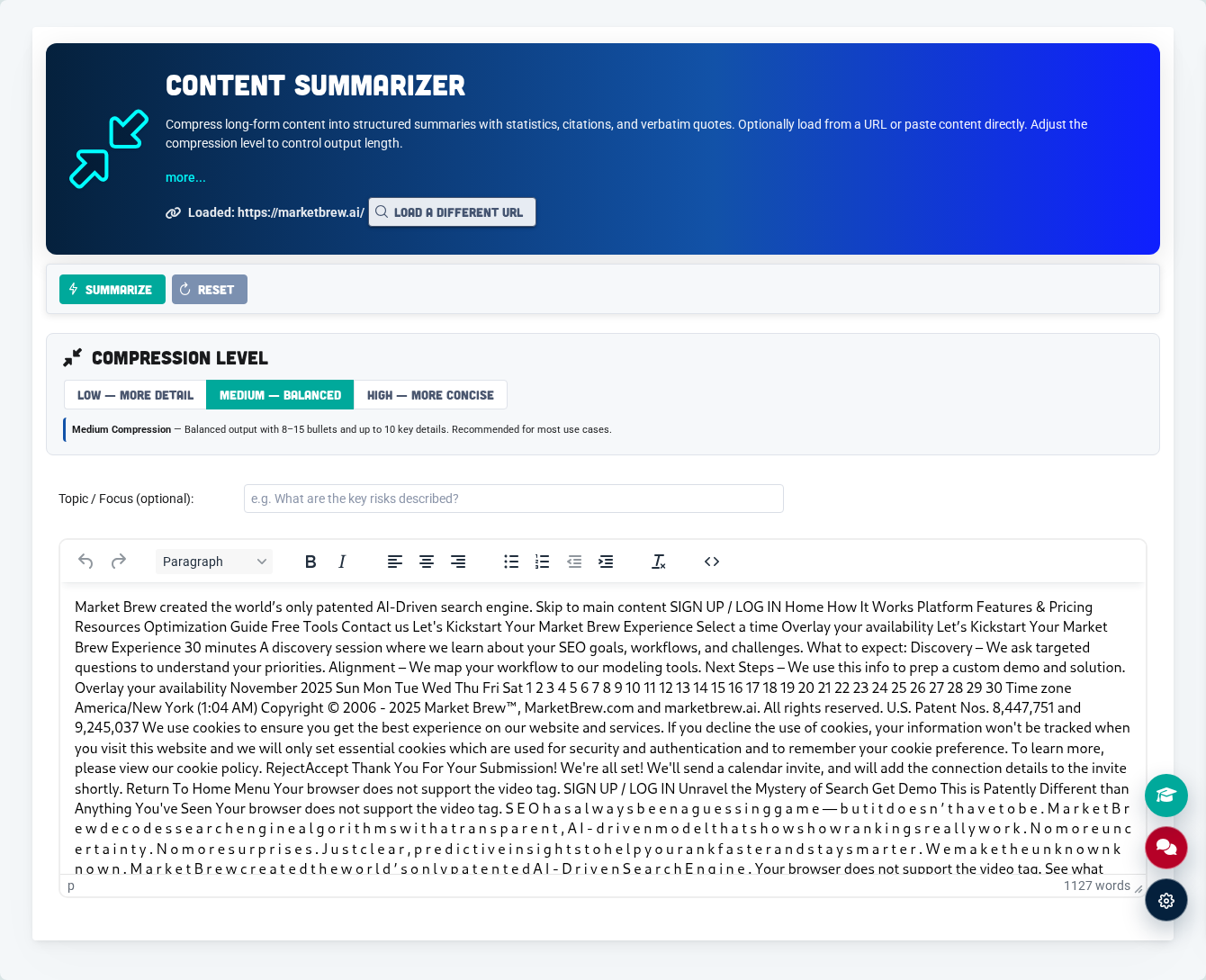 Content Summarizer compresses long source material into usable signal.