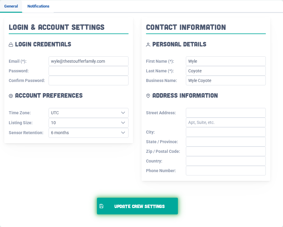 The Account tab stores normal crew profile, login, preference, and account settings.