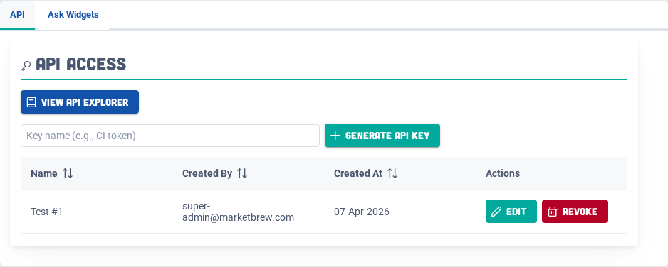 Integrations exposes the crew-level API, Ask Widget, and Search Widget configuration areas available to normal crews.