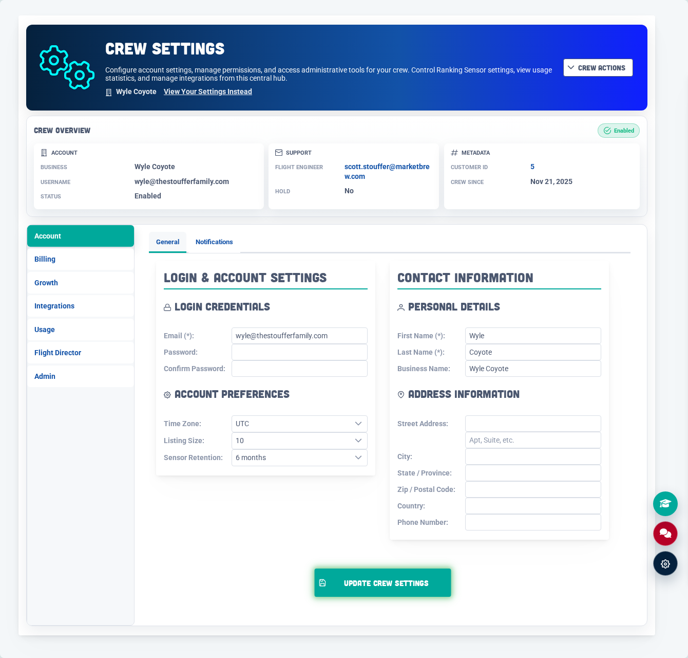 Crew Settings stores customer context, licensed sites, and strategy inputs.