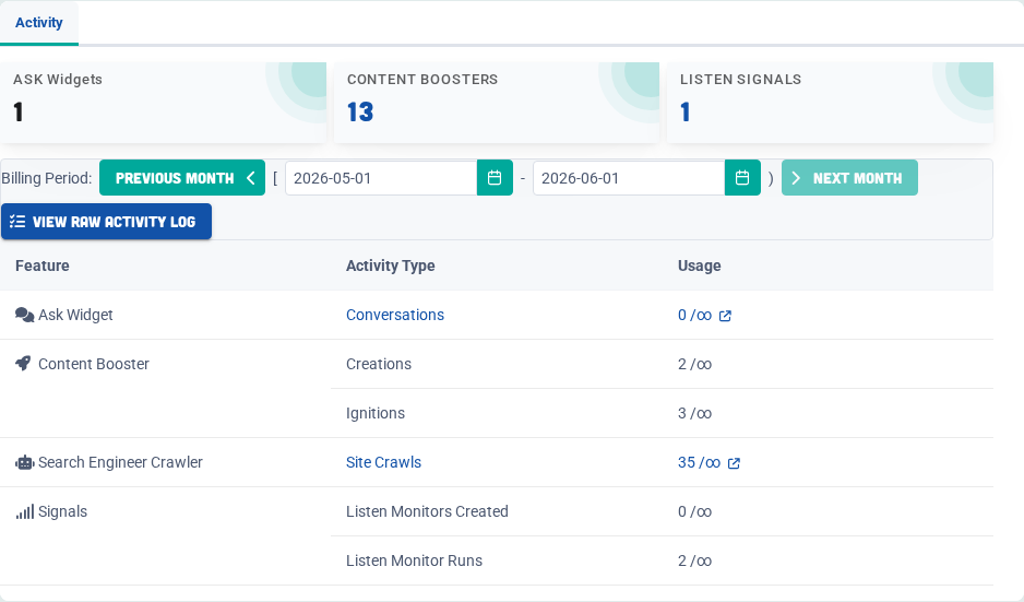 Usage summarizes recent account activity without exposing admin-only controls.