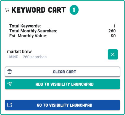 Selected Keyword Fueler ideas can be sent to Visibility Launchpad.