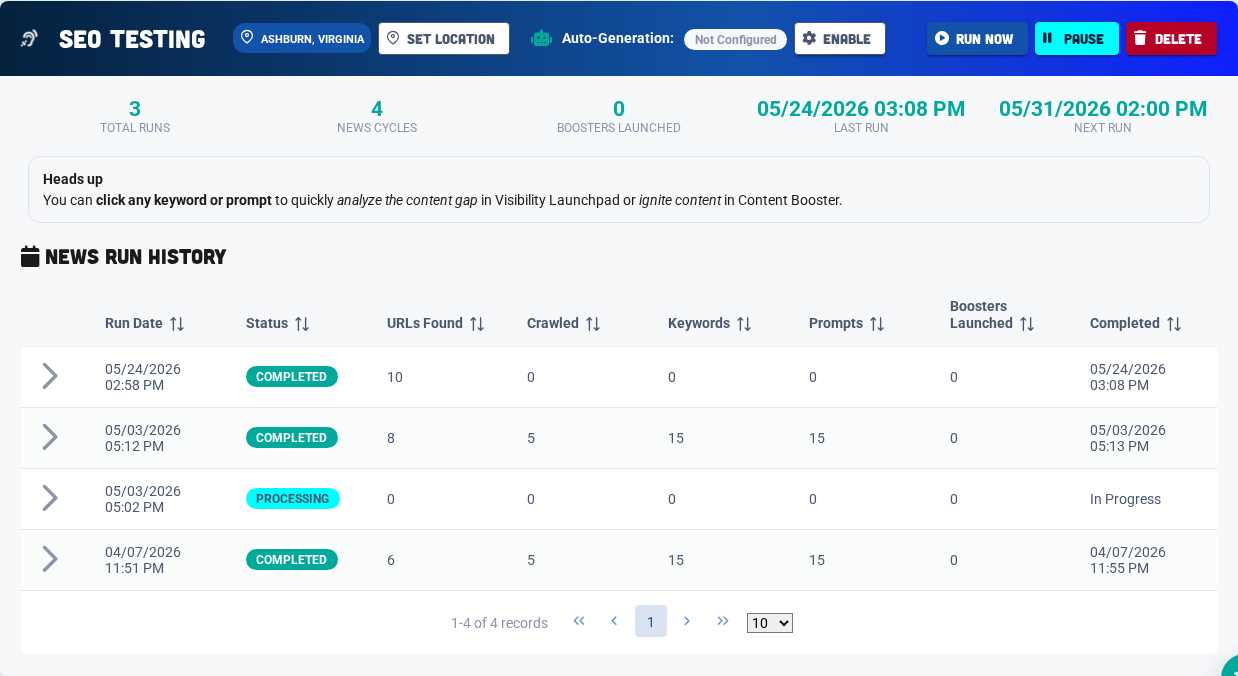 Listen run details reveal extracted URLs, keywords, prompts, and signals.