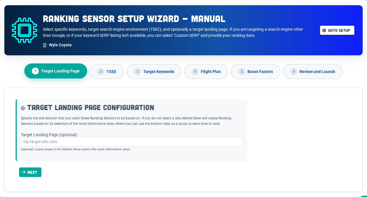 Manual setup controls the target page, search environment, keyword, and plan assignment.